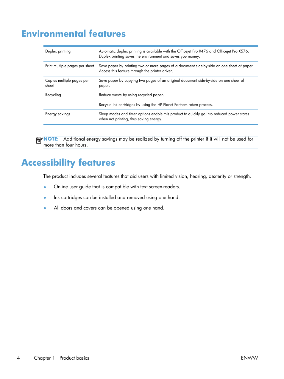 Environmental features, Accessibility features, Environmental features accessibility features | HP Officejet Pro X576 Multifunction Printer series User Manual | Page 20 / 336