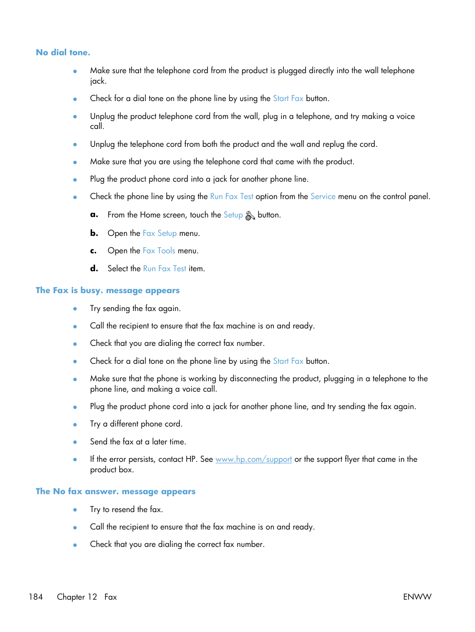 No dial tone, The fax is busy. message appears, The no fax answer. message appears | HP Officejet Pro X576 Multifunction Printer series User Manual | Page 200 / 336