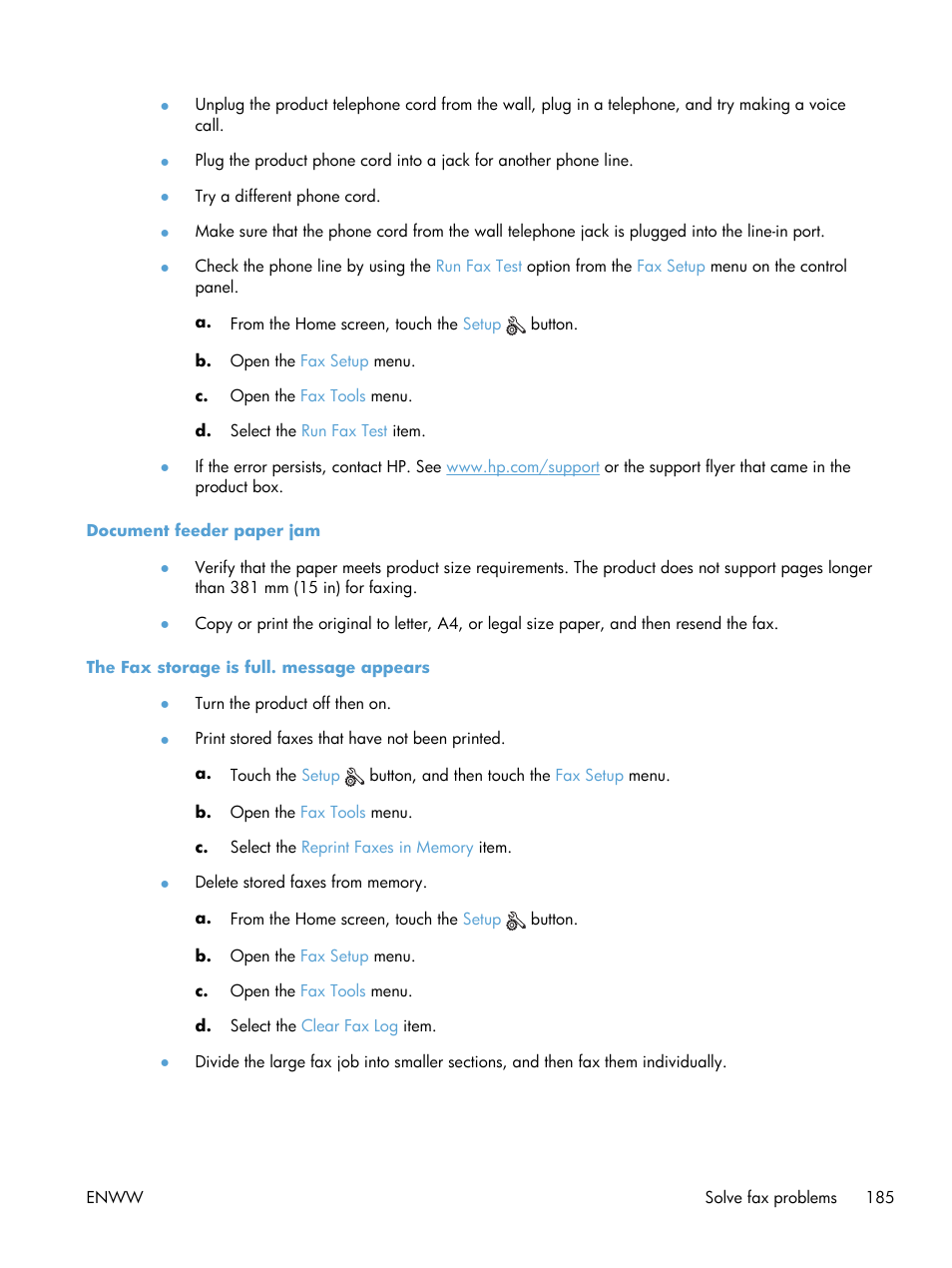 Document feeder paper jam, The fax storage is full. message appears | HP Officejet Pro X576 Multifunction Printer series User Manual | Page 201 / 336