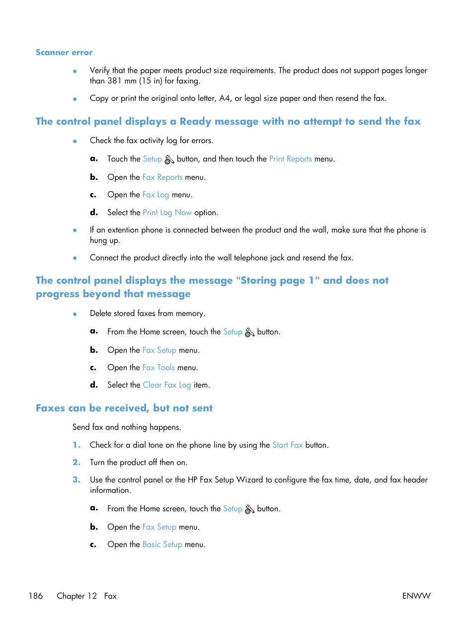 Scanner error, Faxes can be received, but not sent, Message | HP Officejet Pro X576 Multifunction Printer series User Manual | Page 202 / 336