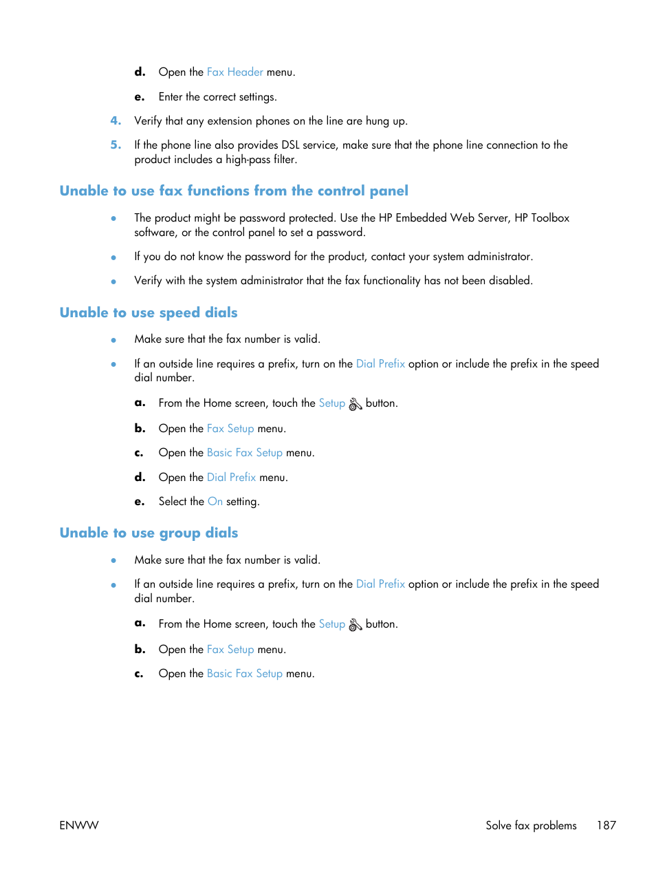 Unable to use fax functions from the control panel, Unable to use speed dials, Unable to use group dials | HP Officejet Pro X576 Multifunction Printer series User Manual | Page 203 / 336