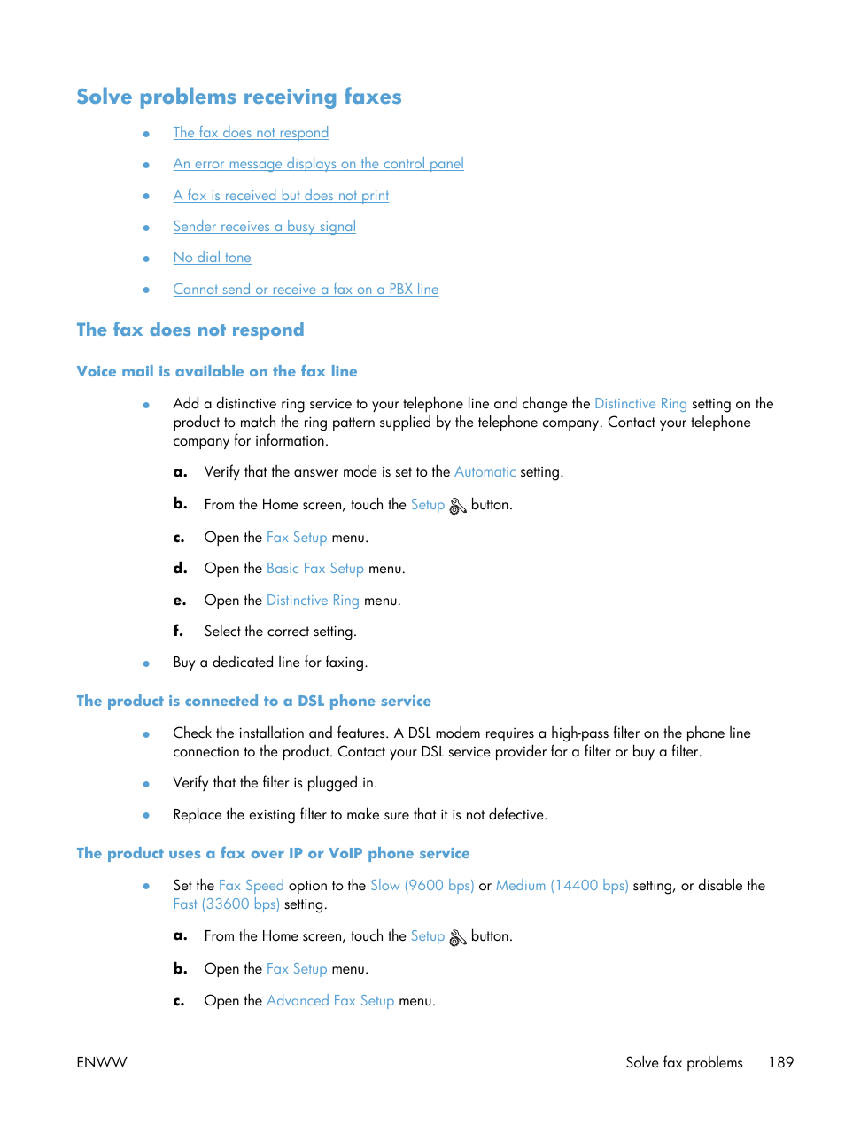 Solve problems receiving faxes, The fax does not respond, Voice mail is available on the fax line | The product is connected to a dsl phone service | HP Officejet Pro X576 Multifunction Printer series User Manual | Page 205 / 336