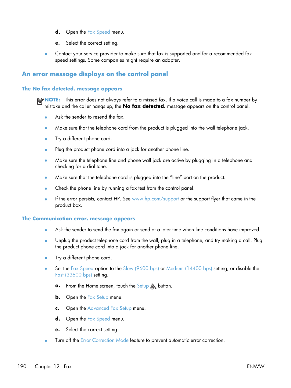 An error message displays on the control panel, The no fax detected. message appears, The communication error. message appears | HP Officejet Pro X576 Multifunction Printer series User Manual | Page 206 / 336