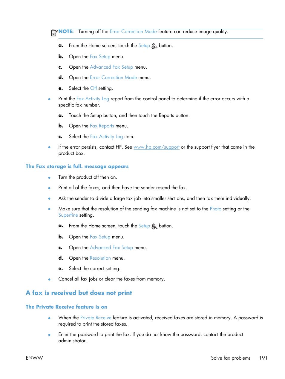 The fax storage is full. message appears, A fax is received but does not print, The private receive feature is on | HP Officejet Pro X576 Multifunction Printer series User Manual | Page 207 / 336