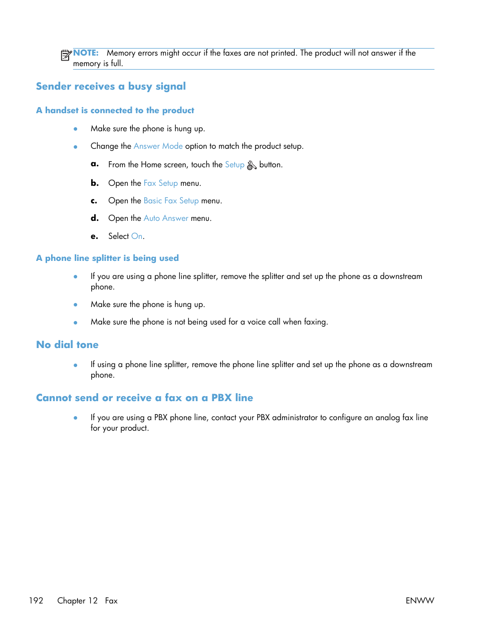 Sender receives a busy signal, A handset is connected to the product, A phone line splitter is being used | No dial tone, Cannot send or receive a fax on a pbx line | HP Officejet Pro X576 Multifunction Printer series User Manual | Page 208 / 336