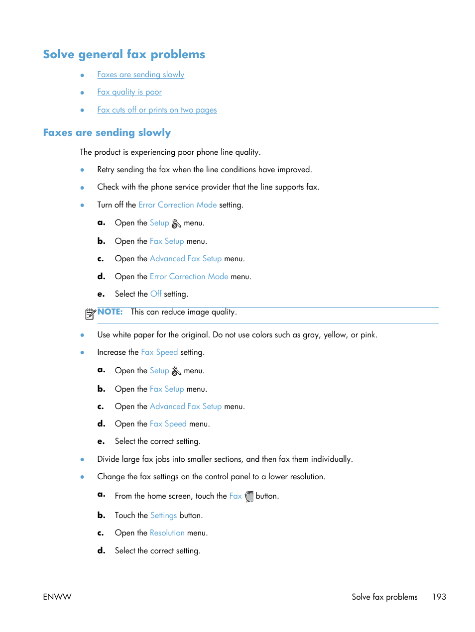 Solve general fax problems, Faxes are sending slowly | HP Officejet Pro X576 Multifunction Printer series User Manual | Page 209 / 336