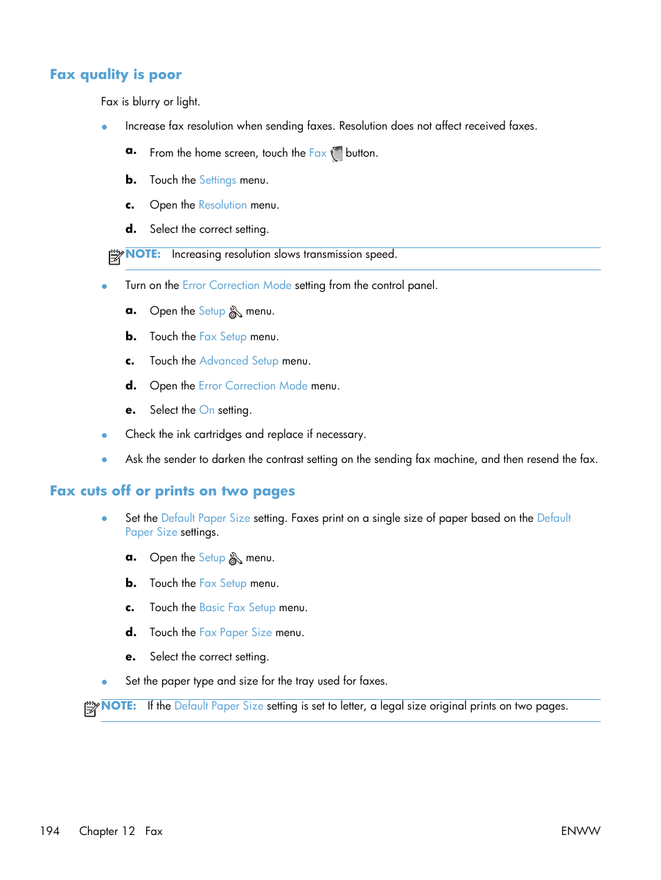 Fax quality is poor | HP Officejet Pro X576 Multifunction Printer series User Manual | Page 210 / 336