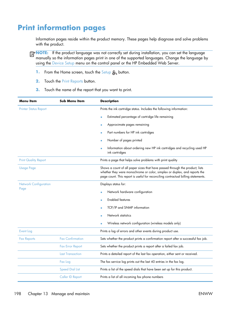 Print information pages | HP Officejet Pro X576 Multifunction Printer series User Manual | Page 214 / 336