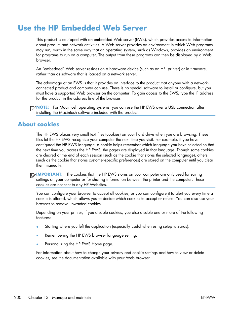Use the hp embedded web server, About cookies | HP Officejet Pro X576 Multifunction Printer series User Manual | Page 216 / 336