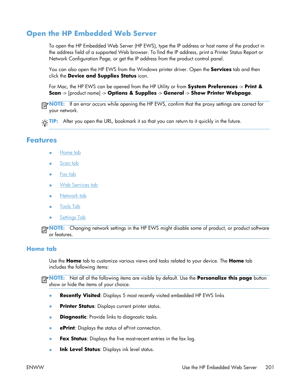 Open the hp embedded web server, Features, Home tab | Open the hp embedded web server features | HP Officejet Pro X576 Multifunction Printer series User Manual | Page 217 / 336