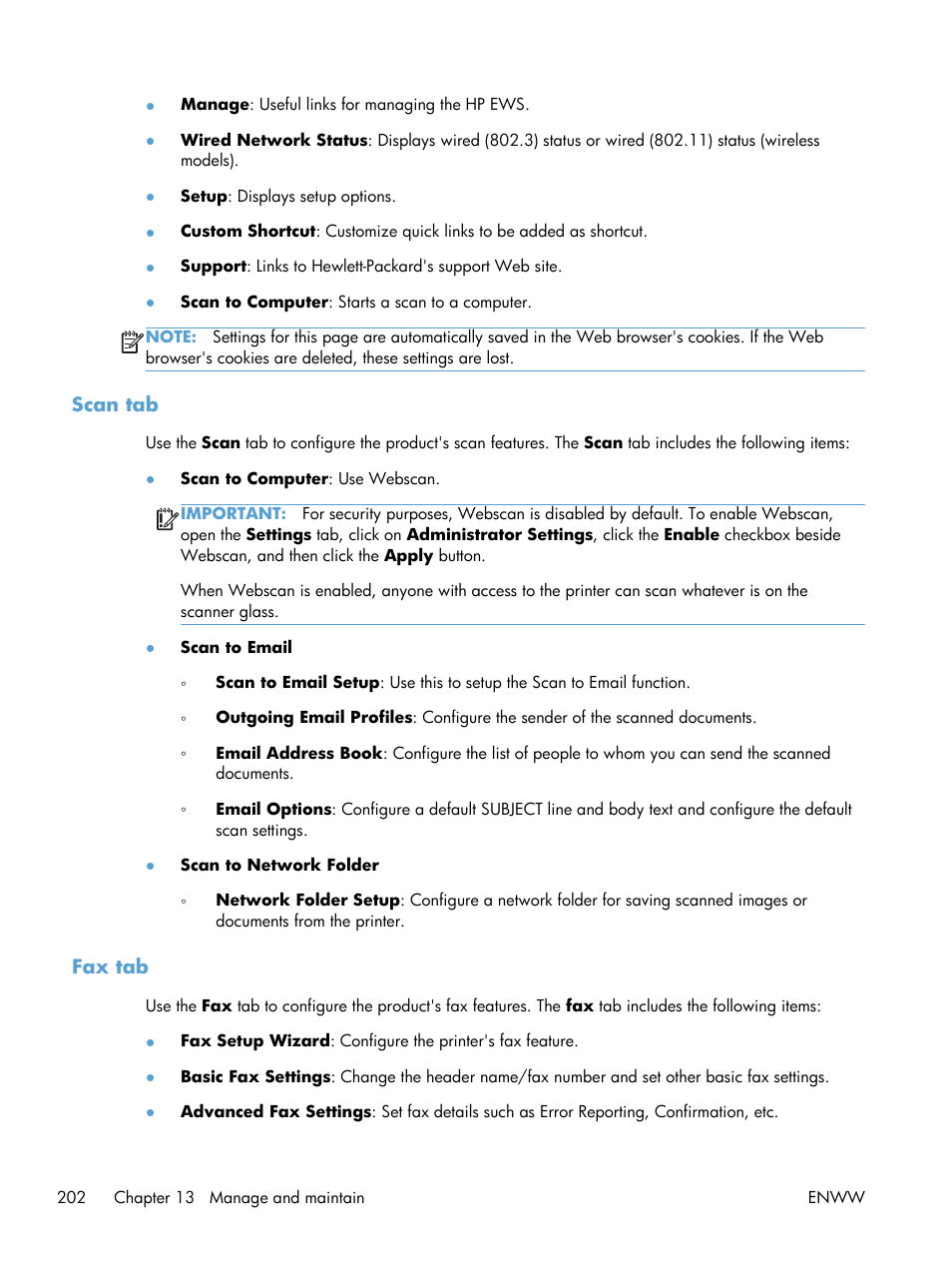 Scan tab, Fax tab | HP Officejet Pro X576 Multifunction Printer series User Manual | Page 218 / 336