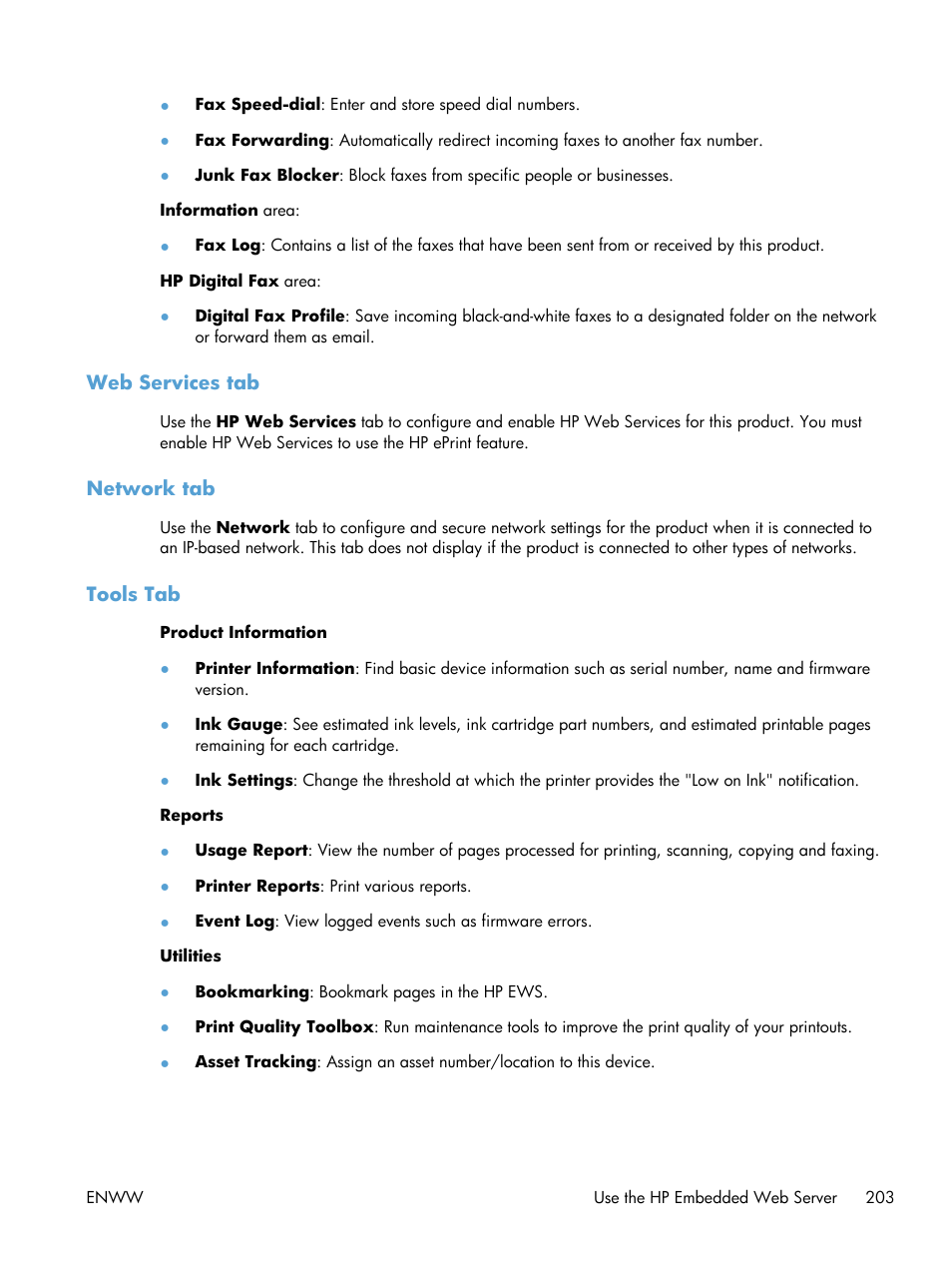 Web services tab, Network tab, Tools tab | HP Officejet Pro X576 Multifunction Printer series User Manual | Page 219 / 336