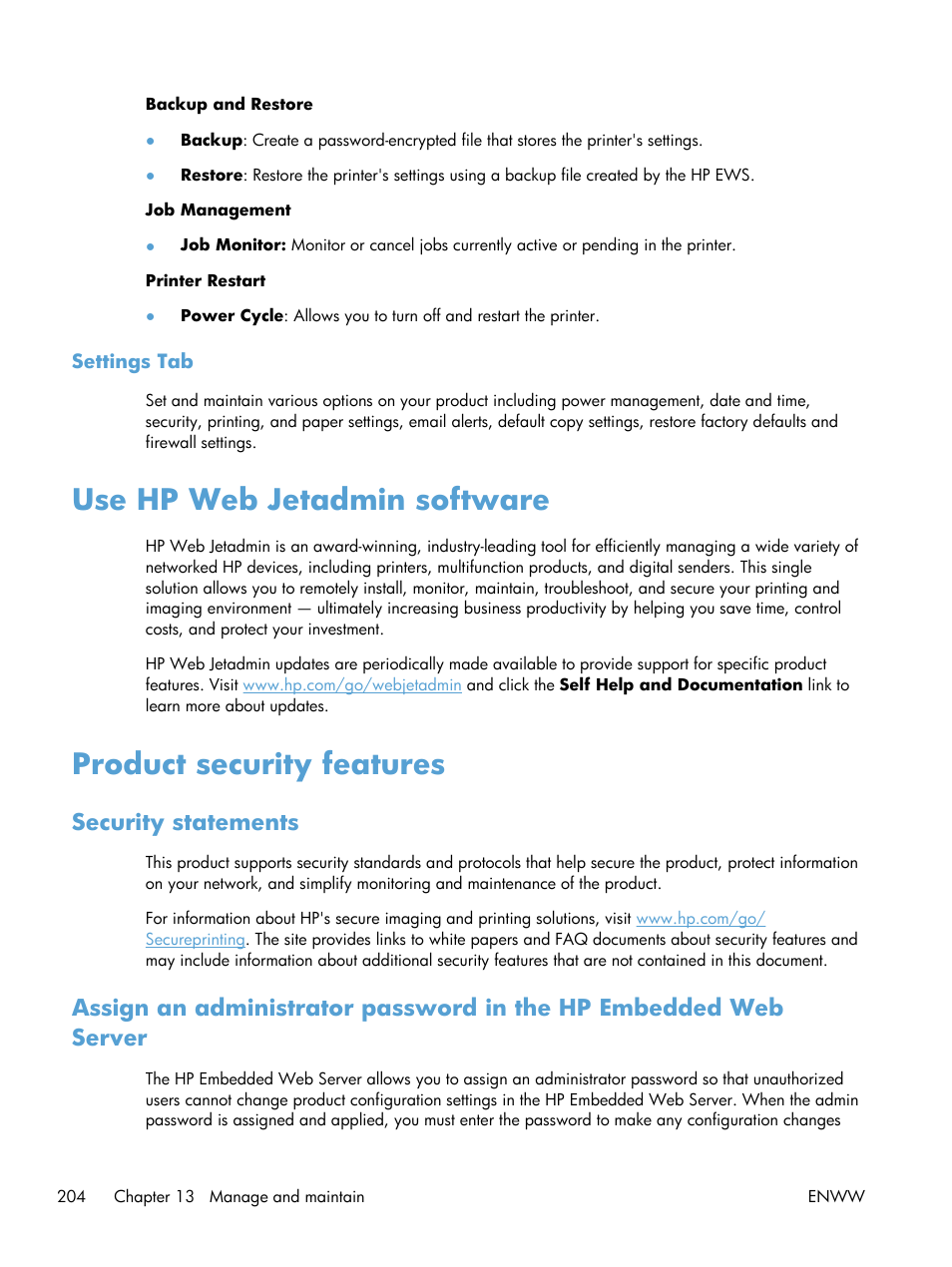 Settings tab, Use hp web jetadmin software, Product security features | Security statements | HP Officejet Pro X576 Multifunction Printer series User Manual | Page 220 / 336