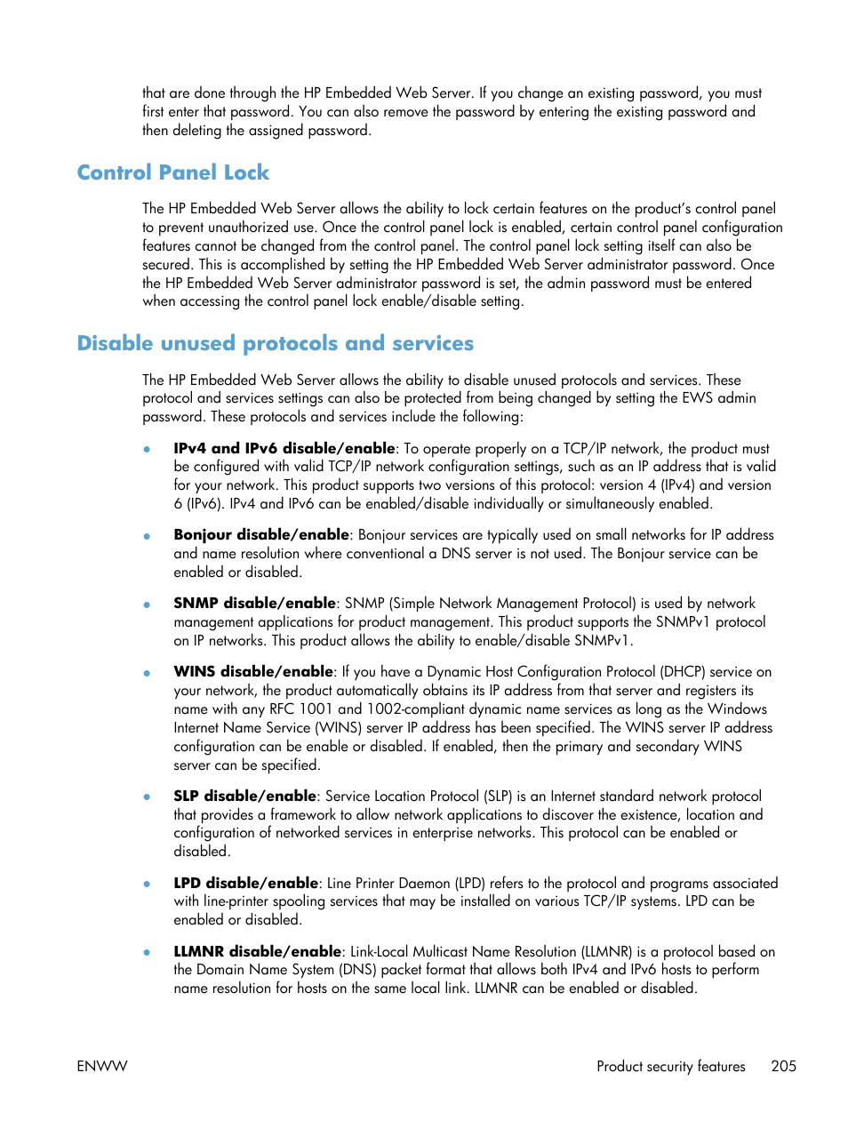 Control panel lock, Disable unused protocols and services | HP Officejet Pro X576 Multifunction Printer series User Manual | Page 221 / 336