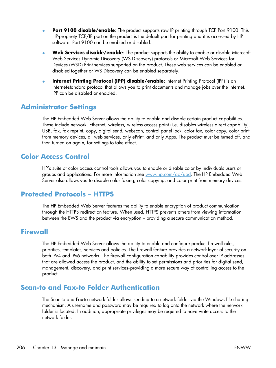 Administrator settings, Color access control, Protected protocols – https | Firewall, Scan-to and fax-to folder authentication | HP Officejet Pro X576 Multifunction Printer series User Manual | Page 222 / 336