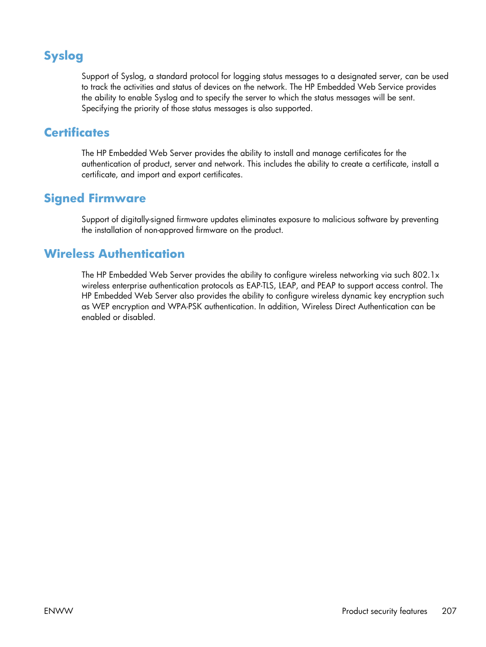 Syslog, Certificates, Signed firmware | Wireless authentication | HP Officejet Pro X576 Multifunction Printer series User Manual | Page 223 / 336