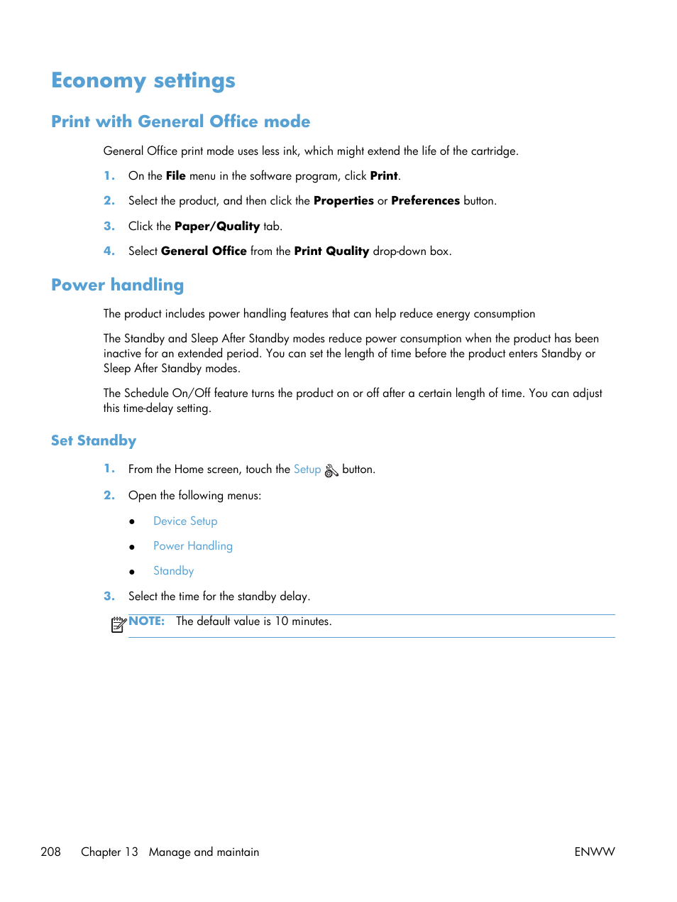 Economy settings, Print with general office mode, Power handling | Set standby, Print with general office mode power handling | HP Officejet Pro X576 Multifunction Printer series User Manual | Page 224 / 336