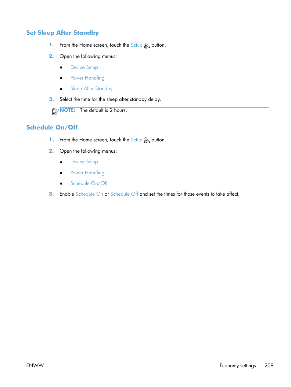 Set sleep after standby, Schedule on/off | HP Officejet Pro X576 Multifunction Printer series User Manual | Page 225 / 336