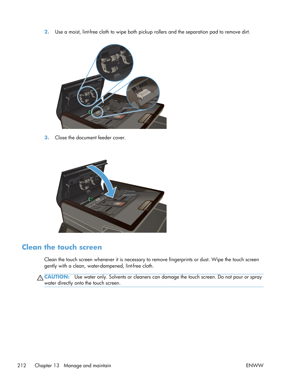 Clean the touch screen | HP Officejet Pro X576 Multifunction Printer series User Manual | Page 228 / 336