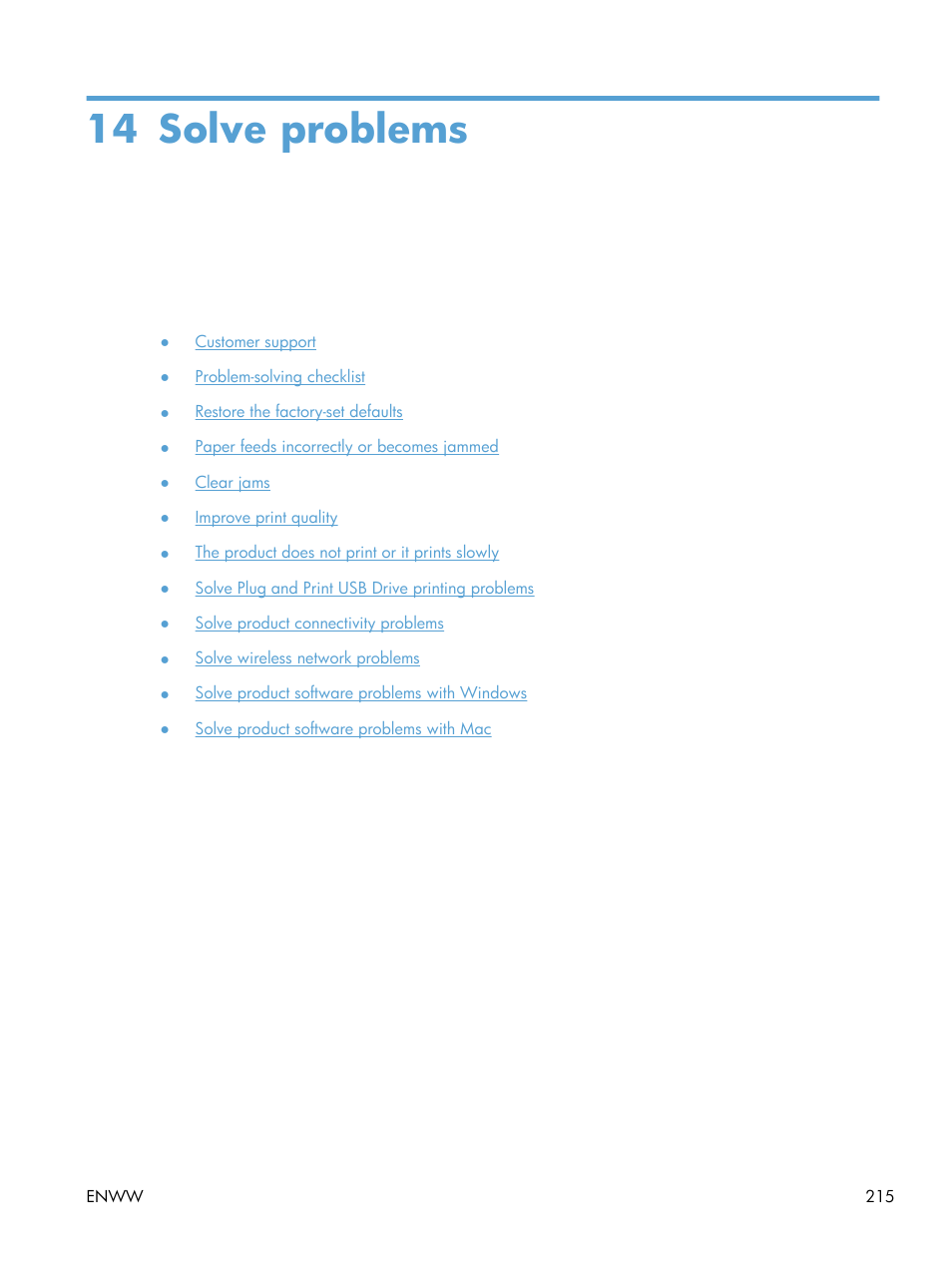 Solve problems, 14 solve problems | HP Officejet Pro X576 Multifunction Printer series User Manual | Page 231 / 336