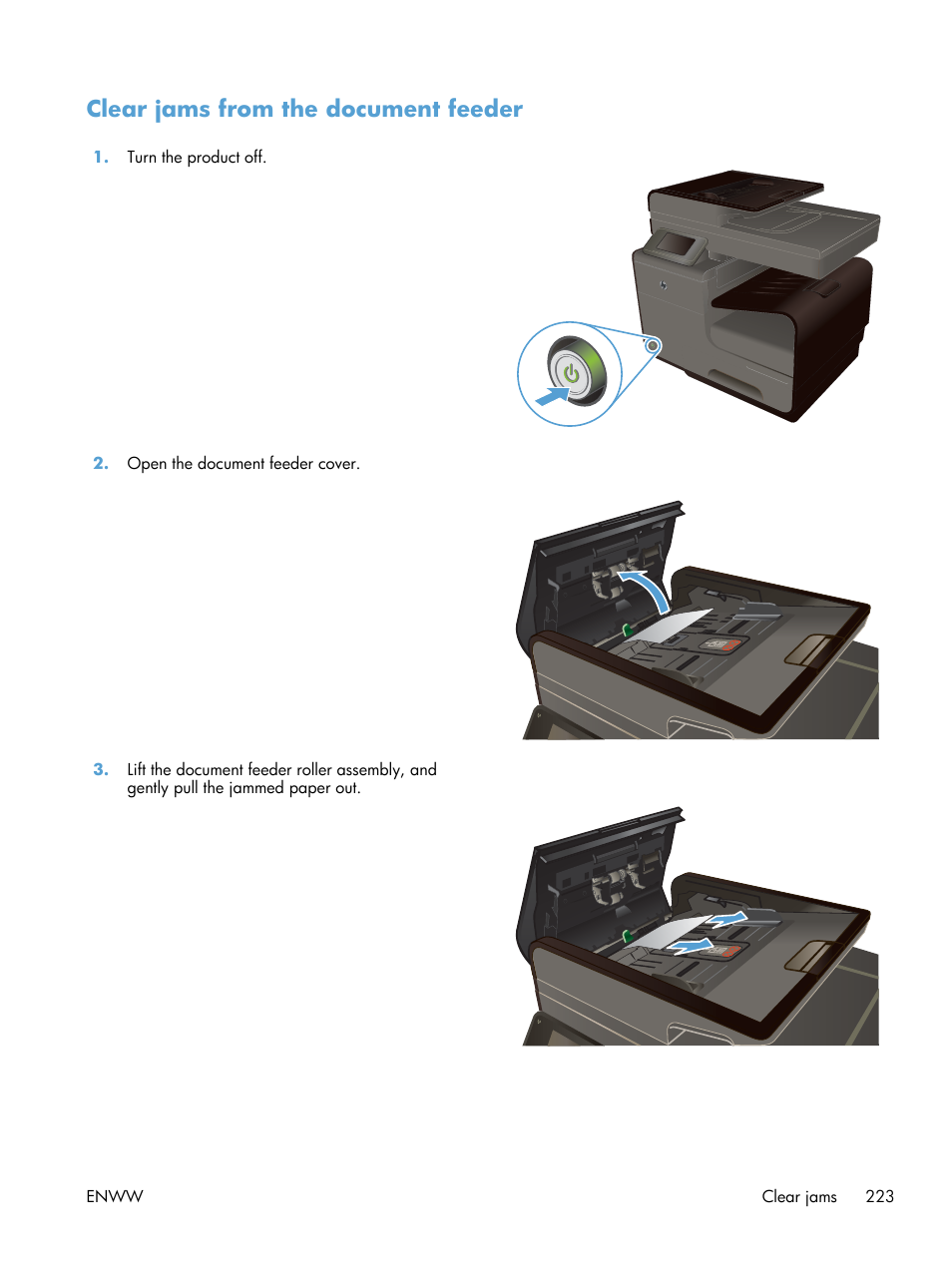 Clear jams from the document feeder | HP Officejet Pro X576 Multifunction Printer series User Manual | Page 239 / 336