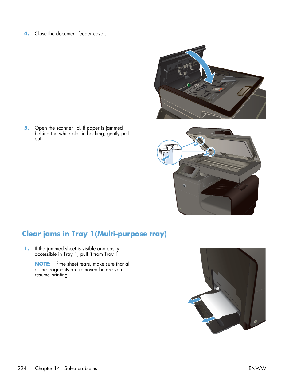 Clear jams in tray 1(multi-purpose tray) | HP Officejet Pro X576 Multifunction Printer series User Manual | Page 240 / 336