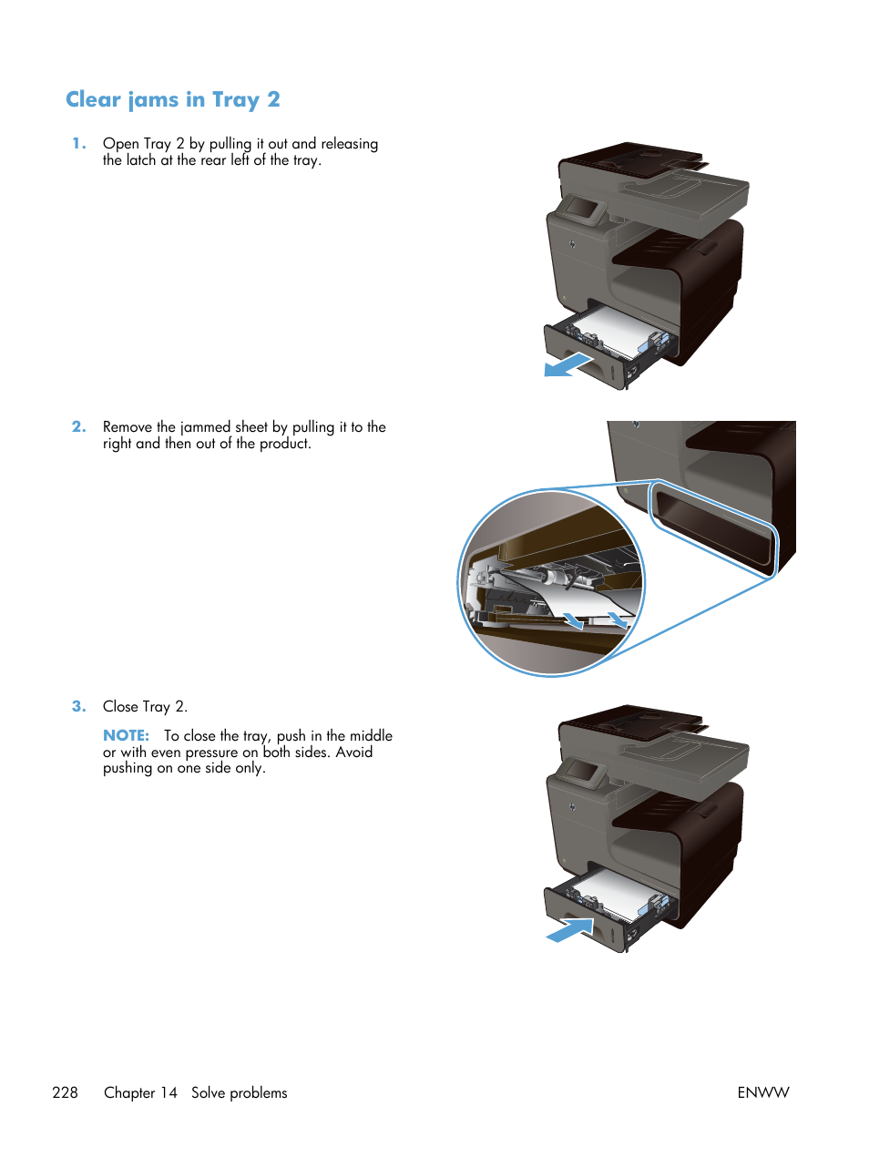 Clear jams in tray 2 | HP Officejet Pro X576 Multifunction Printer series User Manual | Page 244 / 336