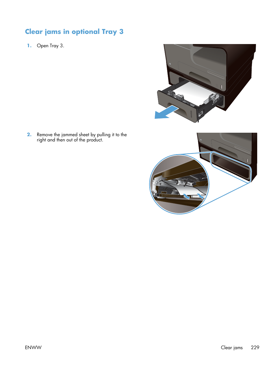 Clear jams in optional tray 3 | HP Officejet Pro X576 Multifunction Printer series User Manual | Page 245 / 336