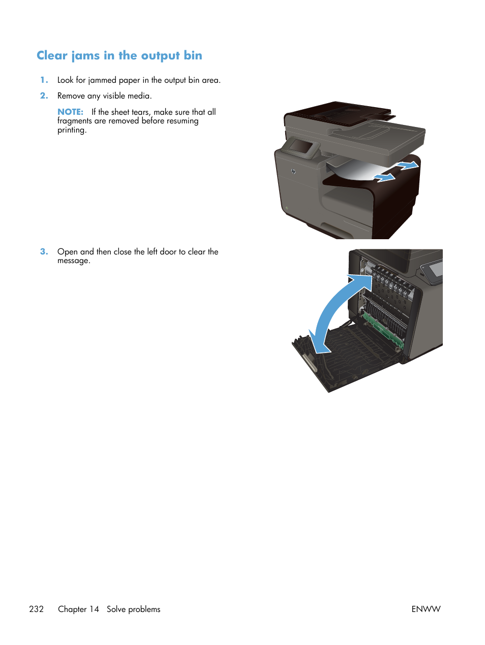 Clear jams in the output bin | HP Officejet Pro X576 Multifunction Printer series User Manual | Page 248 / 336