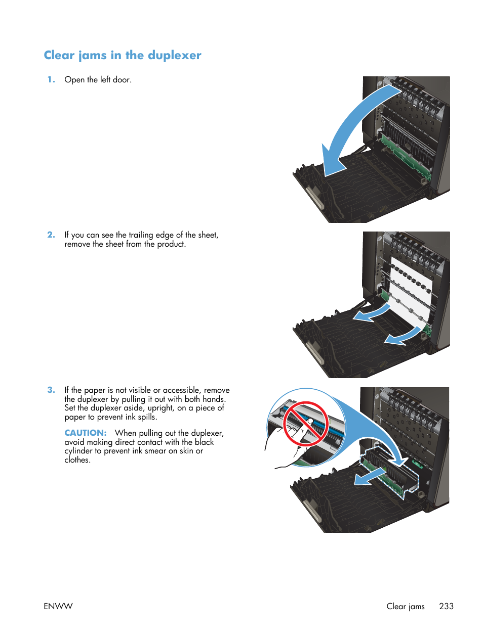 Clear jams in the duplexer | HP Officejet Pro X576 Multifunction Printer series User Manual | Page 249 / 336