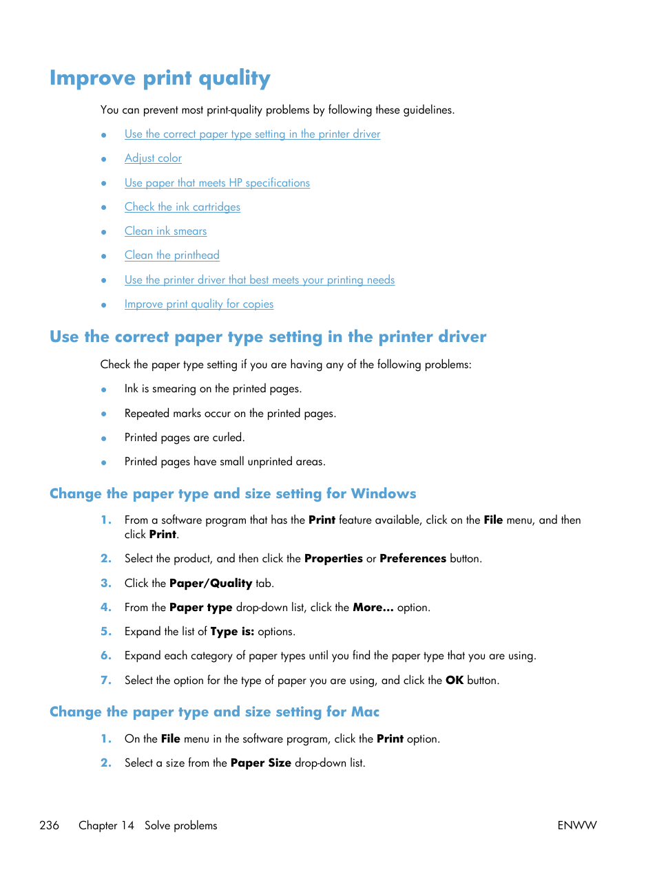 Improve print quality, Change the paper type and size setting for windows, Change the paper type and size setting for mac | HP Officejet Pro X576 Multifunction Printer series User Manual | Page 252 / 336