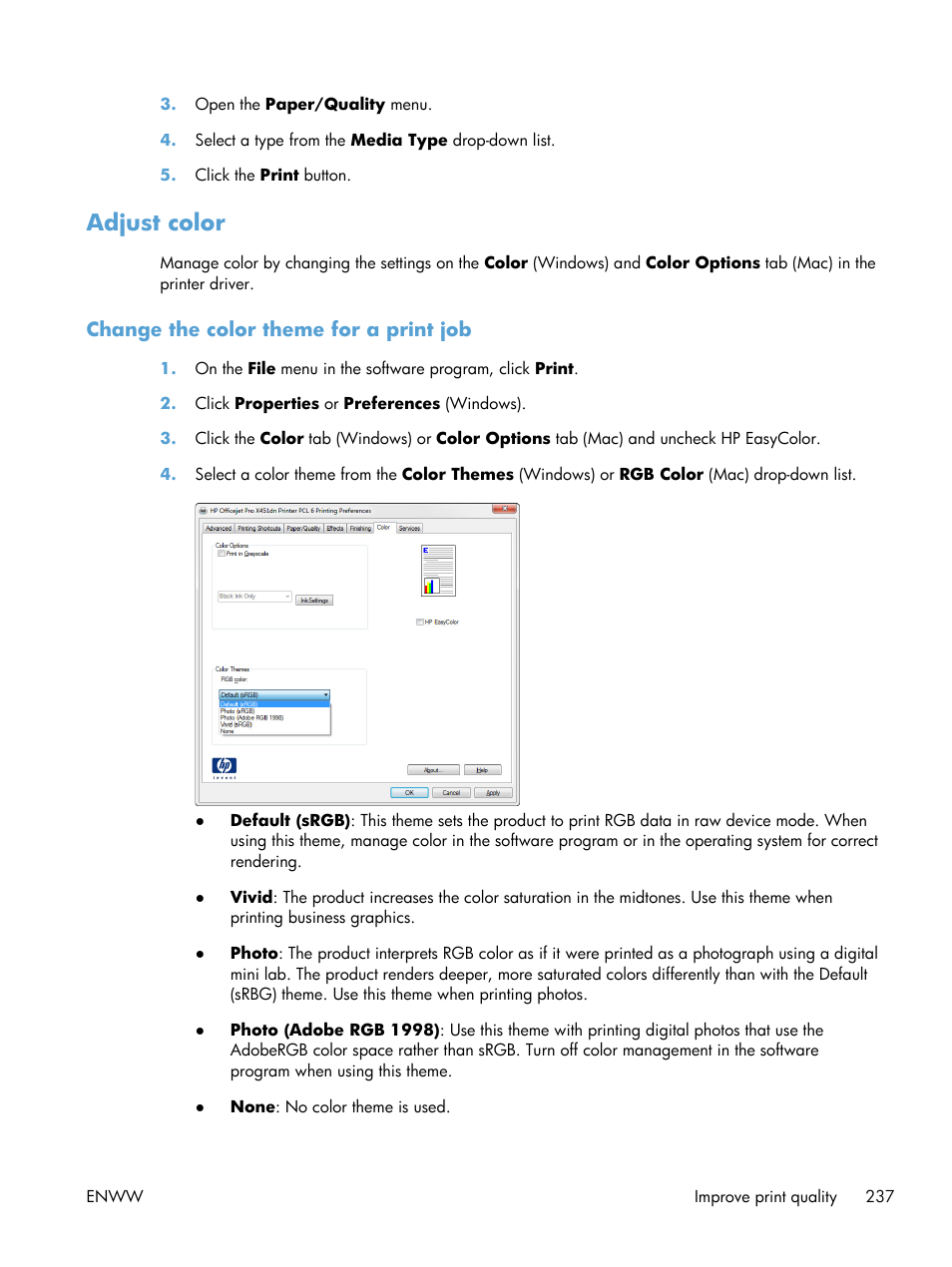 Adjust color, Change the color theme for a print job | HP Officejet Pro X576 Multifunction Printer series User Manual | Page 253 / 336