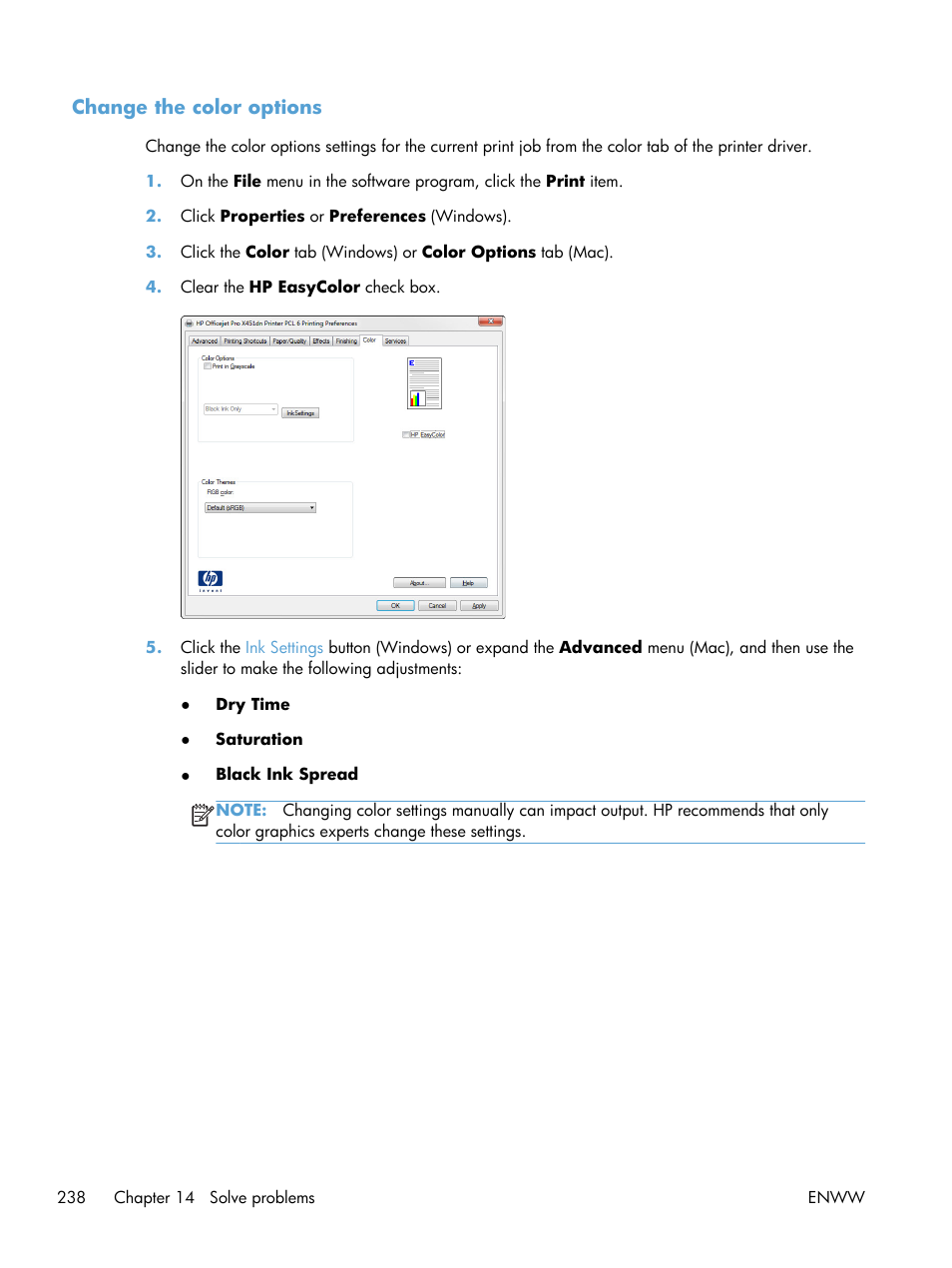 Change the color options | HP Officejet Pro X576 Multifunction Printer series User Manual | Page 254 / 336