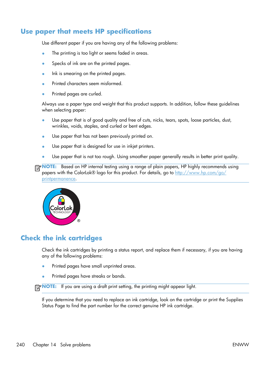 Use paper that meets hp specifications, Check the ink cartridges | HP Officejet Pro X576 Multifunction Printer series User Manual | Page 256 / 336