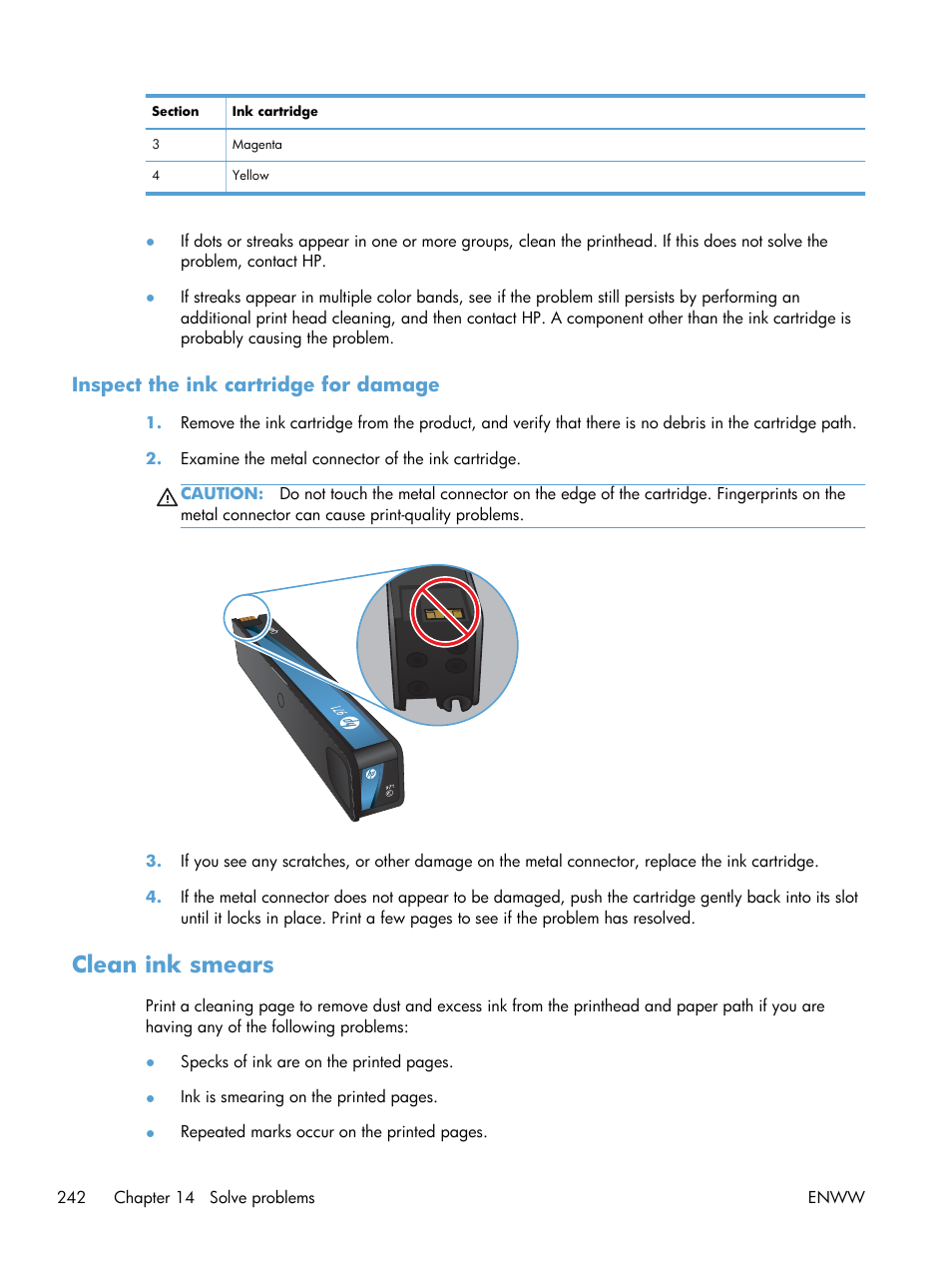 Inspect the ink cartridge for damage, Clean ink smears | HP Officejet Pro X576 Multifunction Printer series User Manual | Page 258 / 336