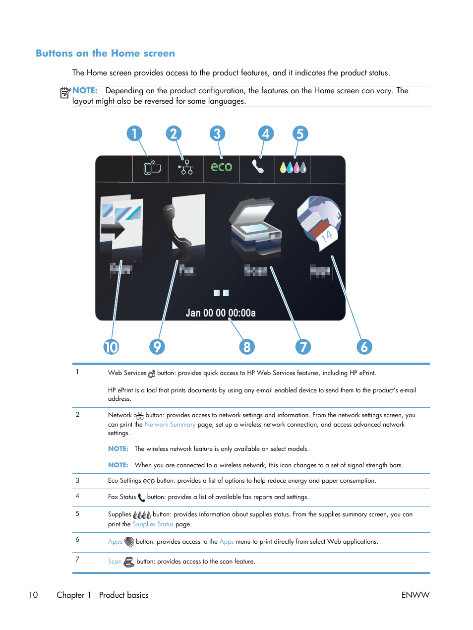 Buttons on the home screen | HP Officejet Pro X576 Multifunction Printer series User Manual | Page 26 / 336