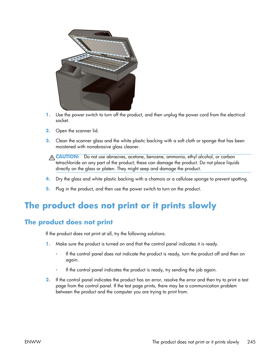 The product does not print or it prints slowly, The product does not print | HP Officejet Pro X576 Multifunction Printer series User Manual | Page 261 / 336