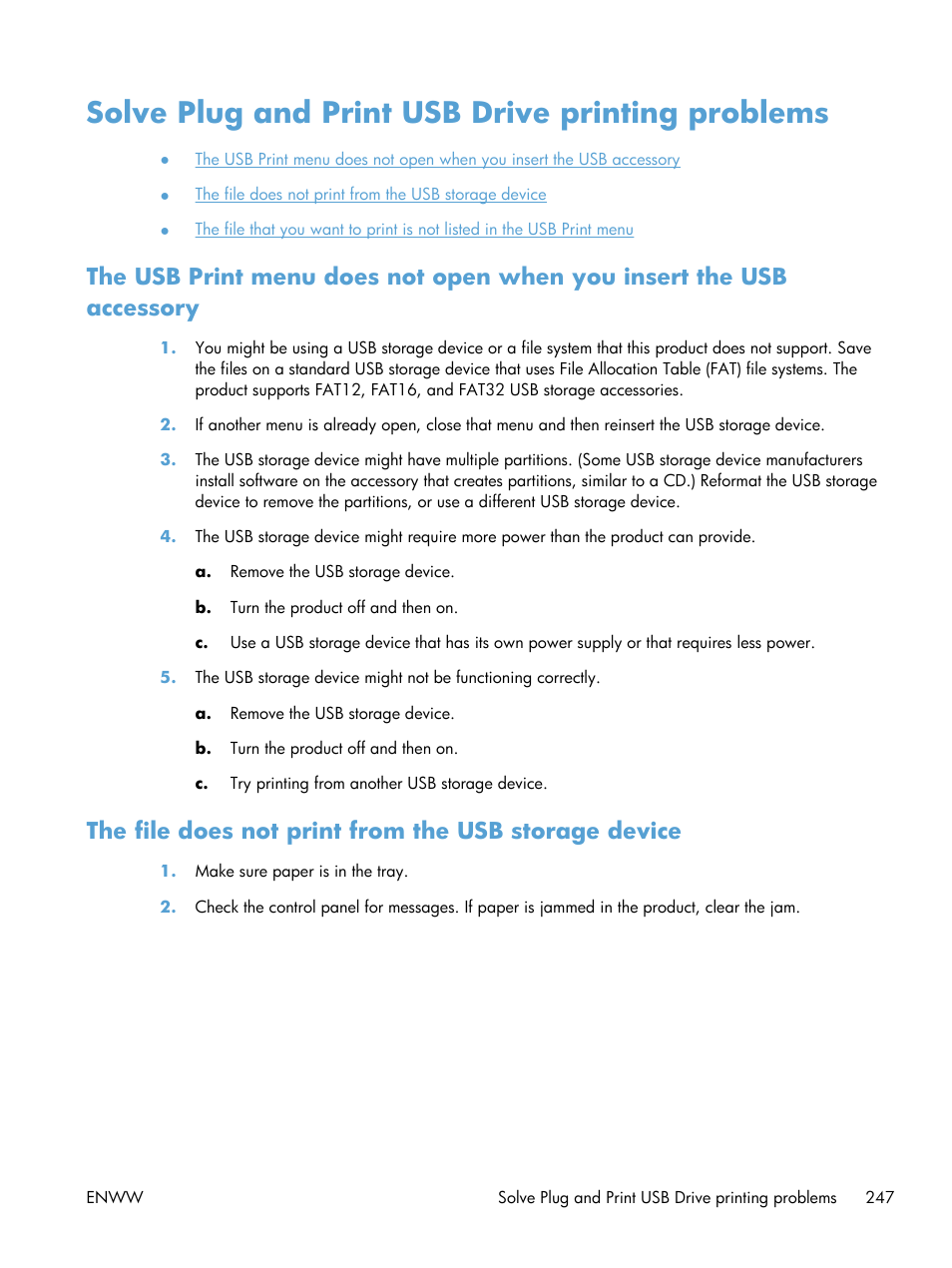 Solve plug and print usb drive printing problems | HP Officejet Pro X576 Multifunction Printer series User Manual | Page 263 / 336
