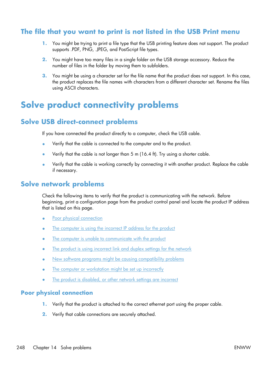 Solve product connectivity problems, Solve usb direct-connect problems, Solve network problems | Poor physical connection | HP Officejet Pro X576 Multifunction Printer series User Manual | Page 264 / 336