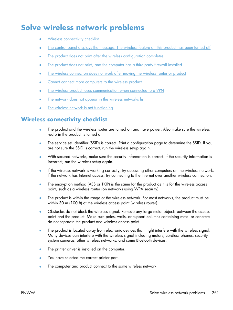 Solve wireless network problems, Wireless connectivity checklist | HP Officejet Pro X576 Multifunction Printer series User Manual | Page 267 / 336