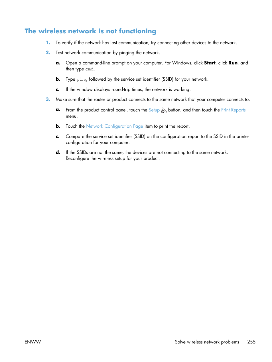 The wireless network is not functioning | HP Officejet Pro X576 Multifunction Printer series User Manual | Page 271 / 336