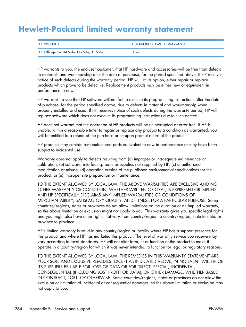 Hewlett-packard limited warranty statement | HP Officejet Pro X576 Multifunction Printer series User Manual | Page 280 / 336