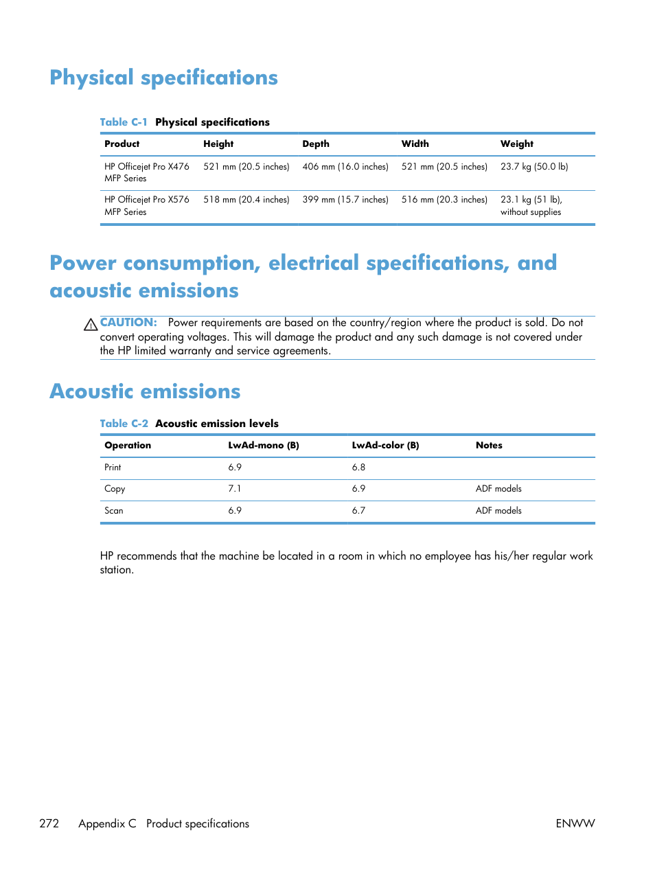 Physical specifications, Acoustic emissions | HP Officejet Pro X576 Multifunction Printer series User Manual | Page 288 / 336