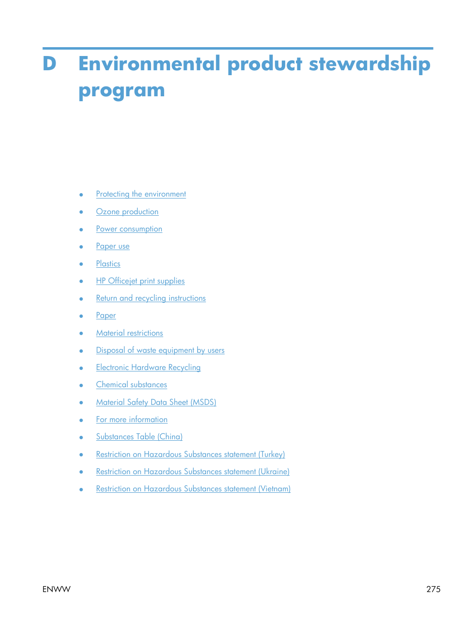 Environmental product stewardship program, D environmental product stewardship program | HP Officejet Pro X576 Multifunction Printer series User Manual | Page 291 / 336