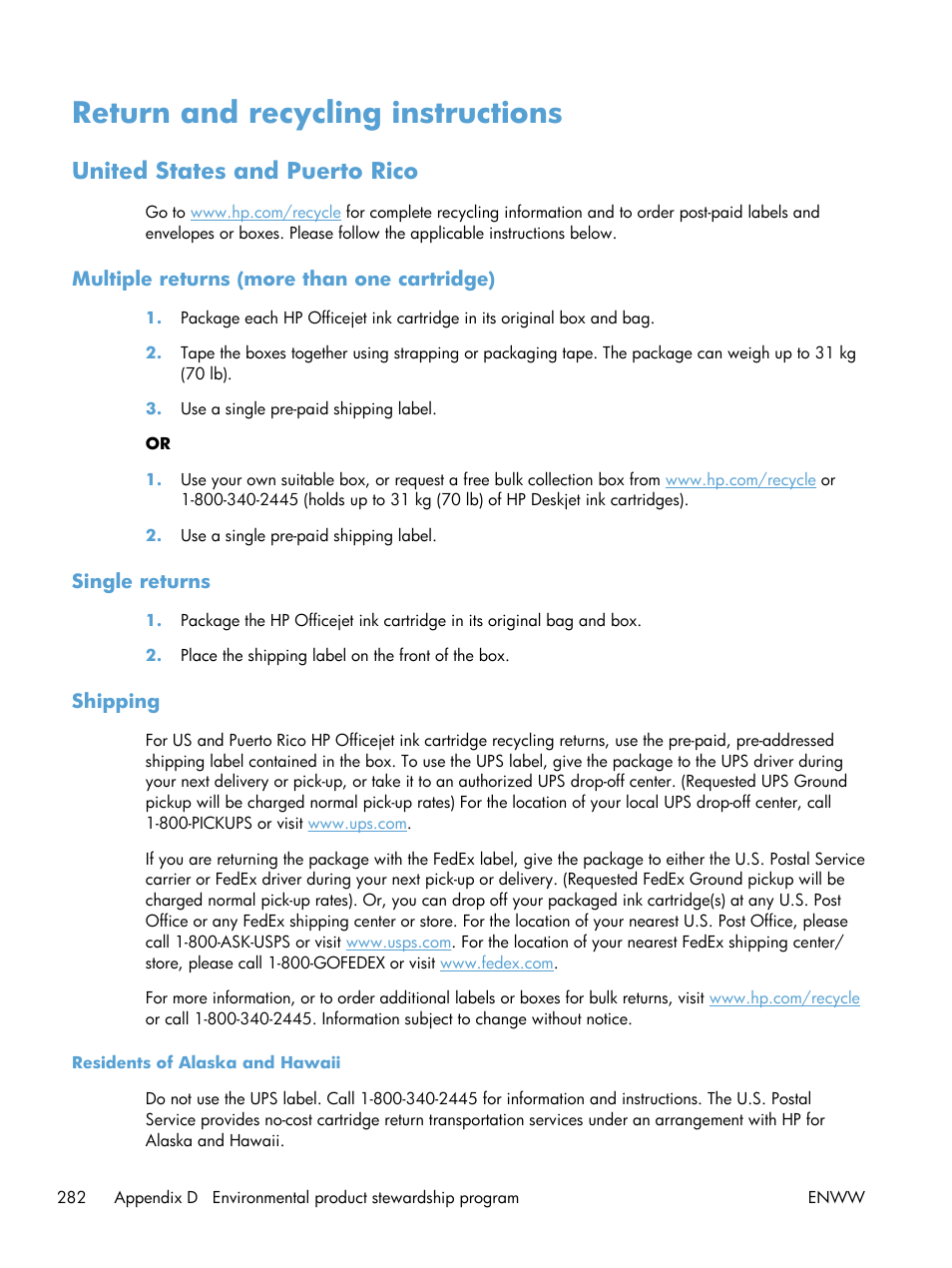 Return and recycling instructions, United states and puerto rico, Multiple returns (more than one cartridge) | Single returns, Shipping, Residents of alaska and hawaii | HP Officejet Pro X576 Multifunction Printer series User Manual | Page 298 / 336