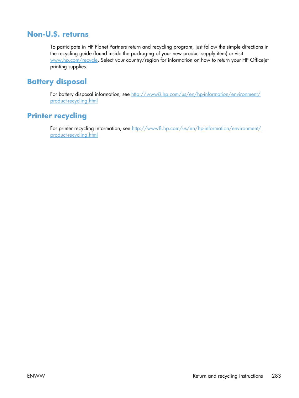 Non-u.s. returns, Battery disposal, Printer recycling | HP Officejet Pro X576 Multifunction Printer series User Manual | Page 299 / 336