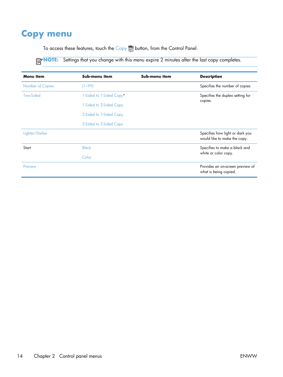 Copy menu | HP Officejet Pro X576 Multifunction Printer series User Manual | Page 30 / 336