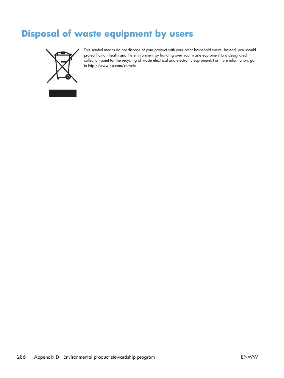 Disposal of waste equipment by users | HP Officejet Pro X576 Multifunction Printer series User Manual | Page 302 / 336