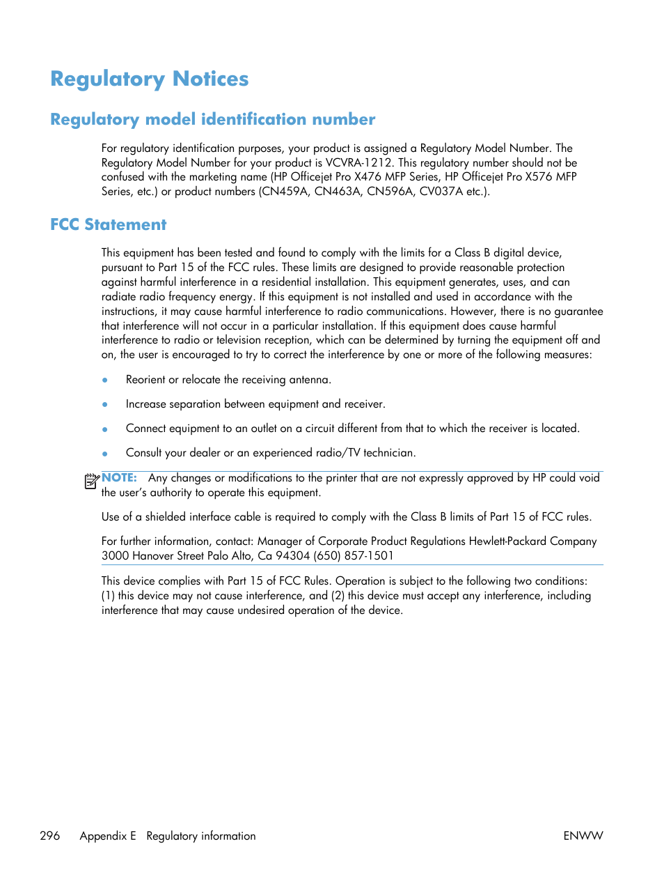 Regulatory notices, Regulatory model identification number, Fcc statement | HP Officejet Pro X576 Multifunction Printer series User Manual | Page 312 / 336