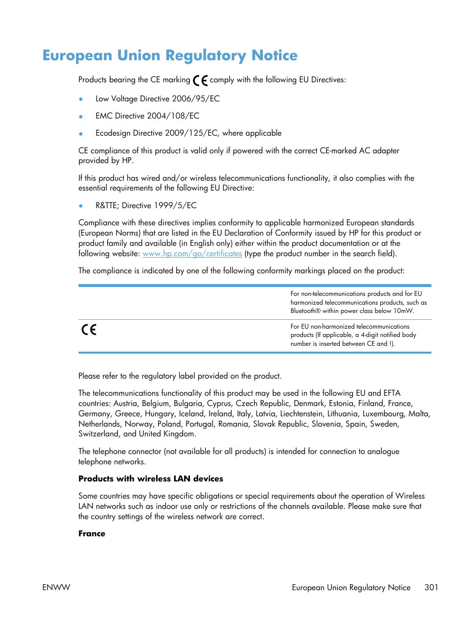 European union regulatory notice | HP Officejet Pro X576 Multifunction Printer series User Manual | Page 317 / 336